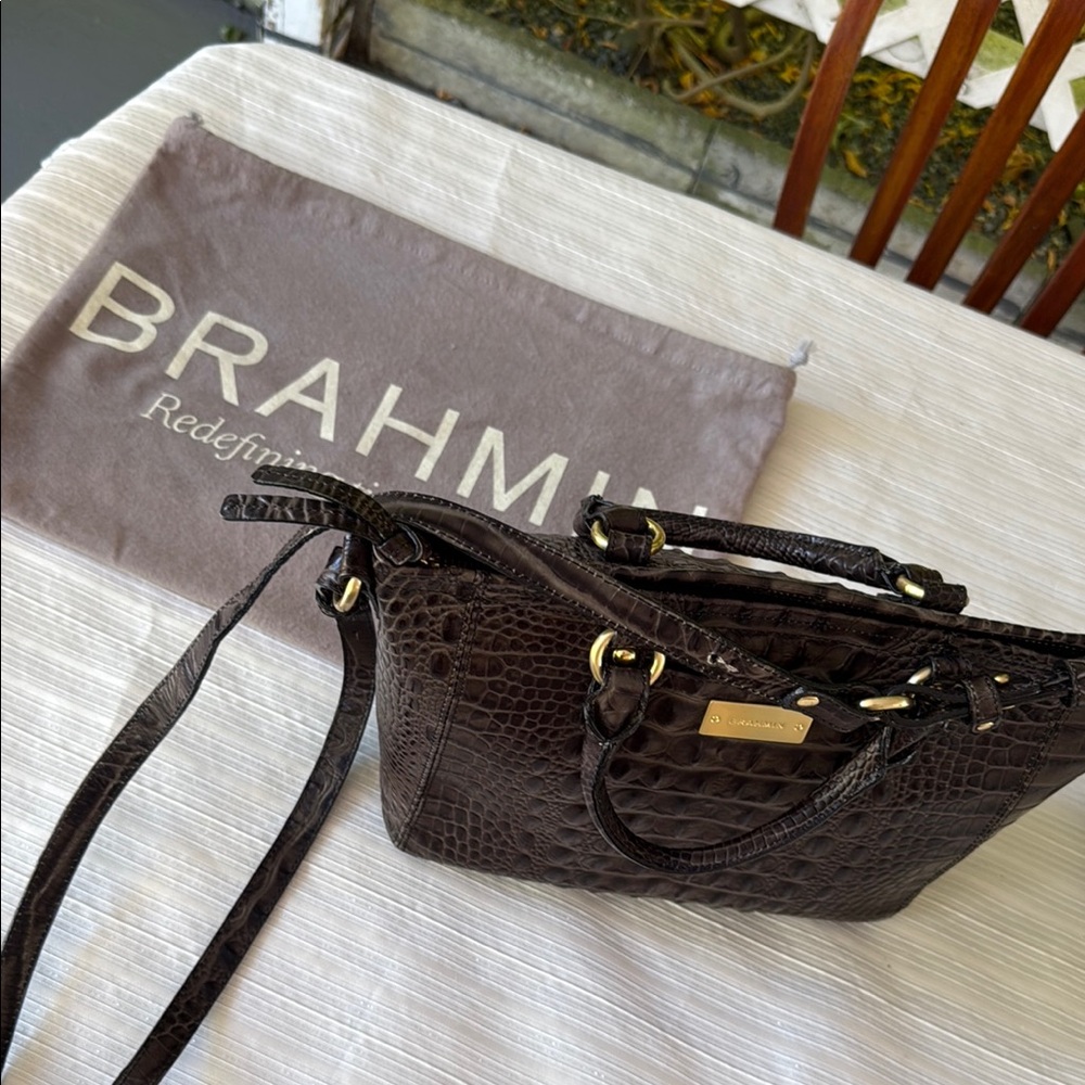 Brahmin Brown Leather Satchel with Croc-Embossed Finish